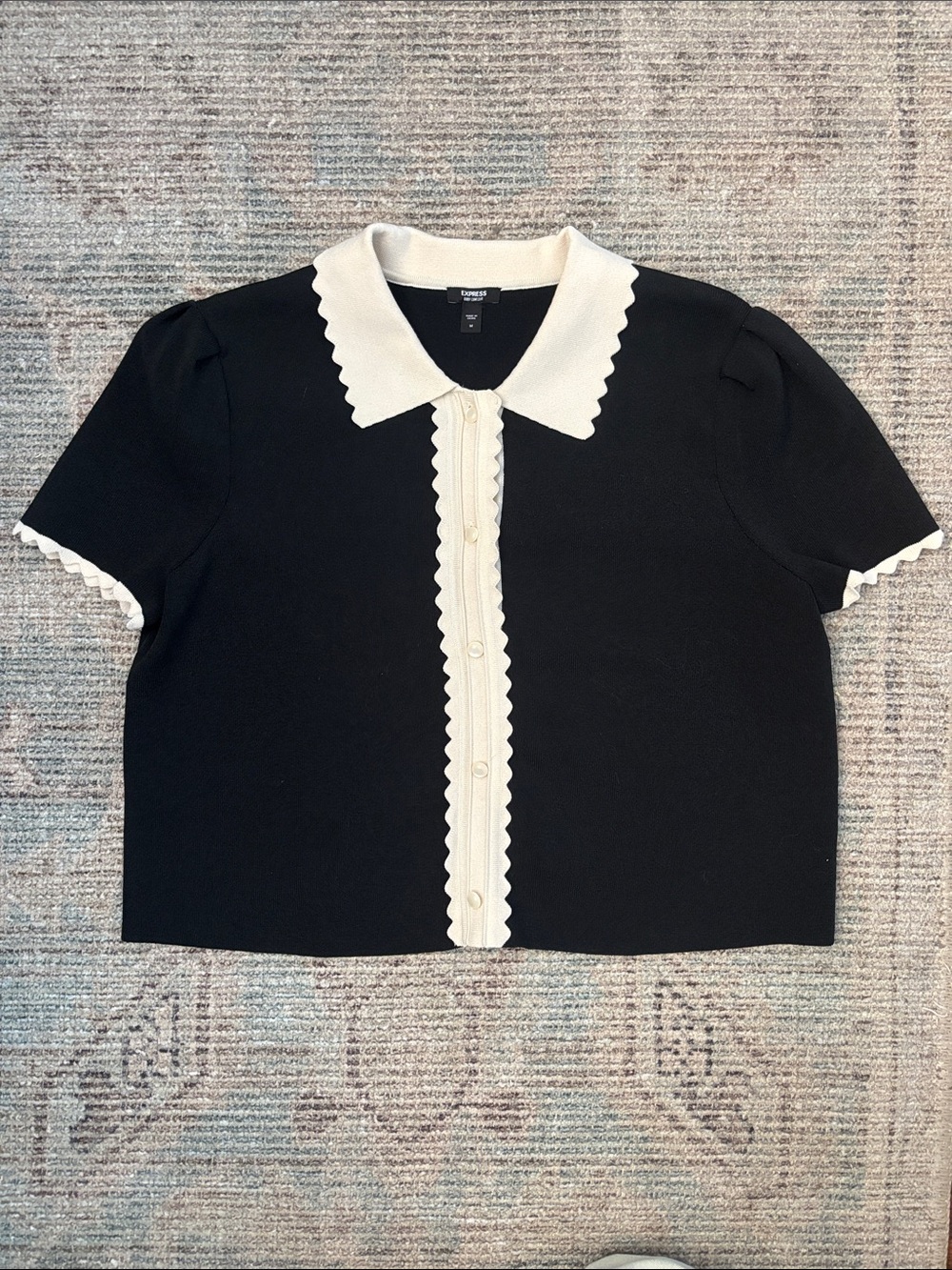 Express Black Short Sleeve Button-Down Top with Cream Scalloped Trim